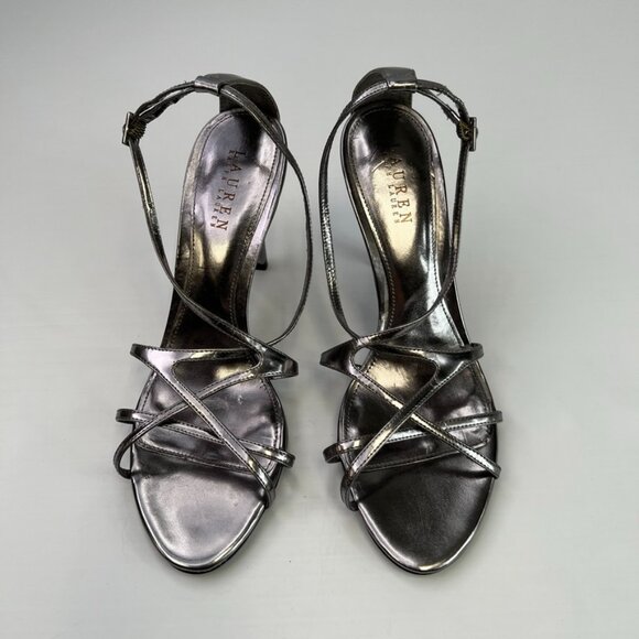 Ralph Lauren Heel Women 10 Abriella Silver Shiny Pump Ankle Strap Party Core Ni - Picture 1 of 9